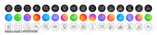 Air balloon, Touchscreen gesture and Pie chart line icons. Round icon gradient buttons. Pack of Chat message, Delivery insurance, Loyalty points icon. Vector
