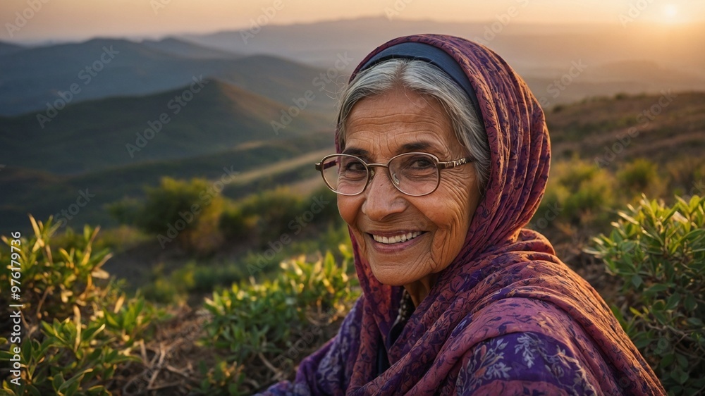 Elderly Caucasian woman with gray hair wearing purple headscarf, smiling in front of mountainous landscape at sunset Elderly Caucasian woman with gray hair wearing purple headscarf, smiling in front of mountainous landscape at sunset