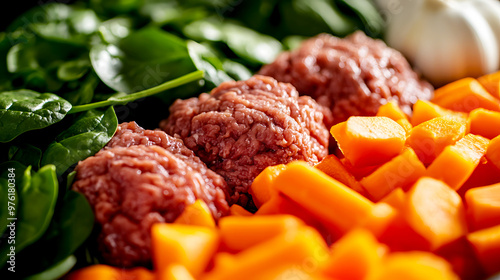 close-up of a BARF meal with raw ground beef, carrots, and spinach, arranged for optimal nutrition photo