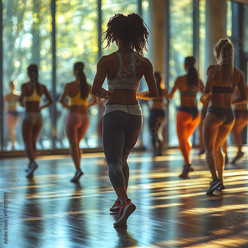 Several young women are engaged in an aerobics class at the gym. The scene shows them performing energetic exercises, with a focus on fitness and teamwork, in a modern gym environment.