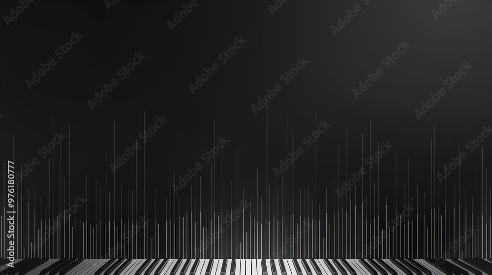 A piano keyboard with white and black keys, represented by vertical lines on a dark background A piano keyboard with white and black keys, represented by vertical lines on a dark background