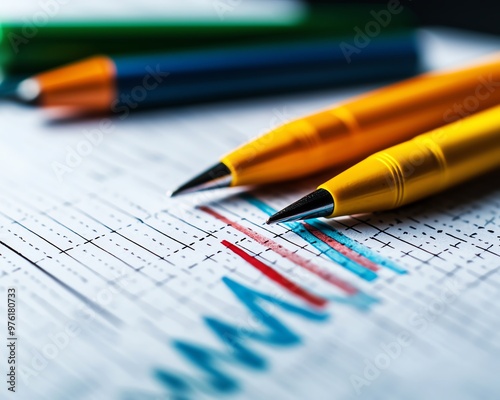 Close-up of colorful pens resting on a graph paper with printed data trends, ideal for business or educational themes.