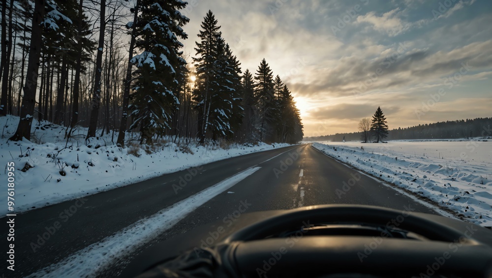 POV driving on a snowy countryside road. POV driving on a snowy countryside road.