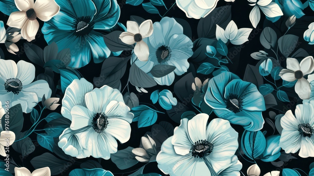A vibrant floral pattern featuring white and turquoise flowers, leaves, and branches on a dark background A vibrant floral pattern featuring white and turquoise flowers, leaves, and branches on a dark background