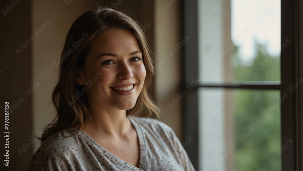 Pregnant woman smiling by a window. Pregnant woman smiling by a window.