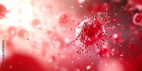 Close-up view of a virus in a dynamic red environment, highlighting the intricate structure and motion of viral particles. photo