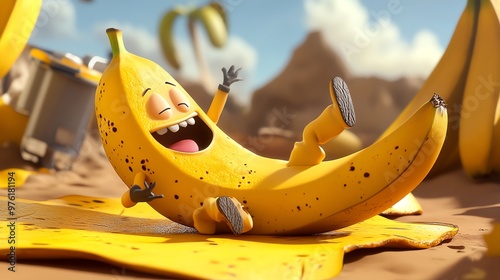 A cartoon banana with a goofy grin is laying on it's back, laughing.