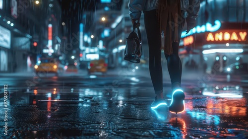 Wallpaper Mural woman walking confidently through the rainy city streets wearing stylish lightup shoes futuristic aigenerated image Torontodigital.ca