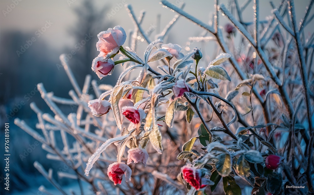 Generative-AI, Close-Up of Frosted Rose with Intricate Frost Details on Petals and Leaves Generative-AI, Close-Up of Frosted Rose with Intricate Frost Details on Petals and Leaves