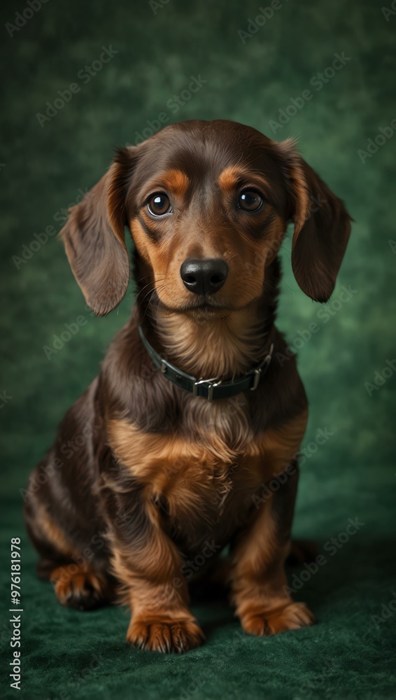 Puppy dachshund portrait on green backdrop. Puppy dachshund portrait on green backdrop.
