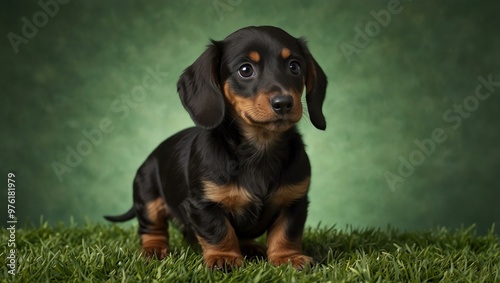 Puppy dachshund on a green background.