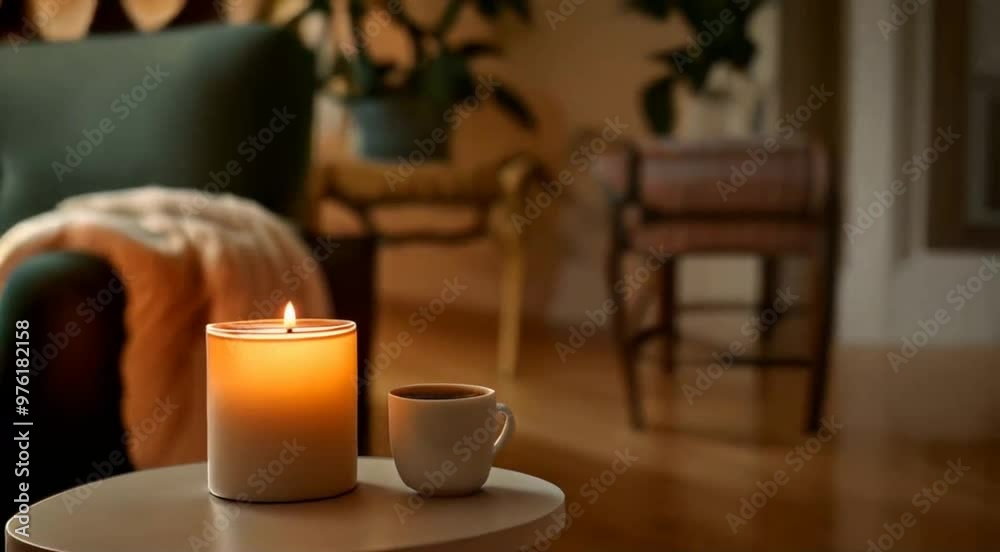 A relaxing atmosphere is created by the warm glow of a candle and the steaming cup of coffee on a small table, inviting tranquility and comfort in the living room. A relaxing atmosphere is created by the warm glow of a candle and the steaming cup of coffee on a small table, inviting tranquility and comfort in the living room.