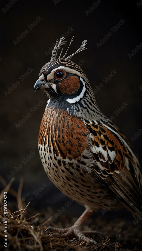 Quail with beautiful feathers in a dark setting. Quail with beautiful feathers in a dark setting.