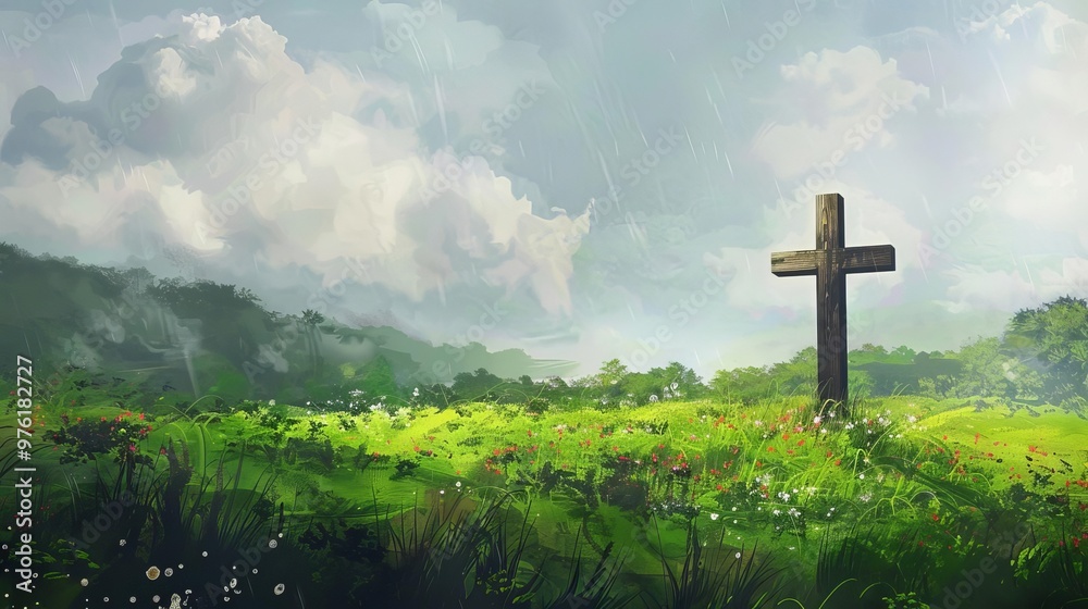 wooden cross in a lush green meadow peaceful nature landscape copy space digital painting wooden cross in a lush green meadow peaceful nature landscape copy space digital painting
