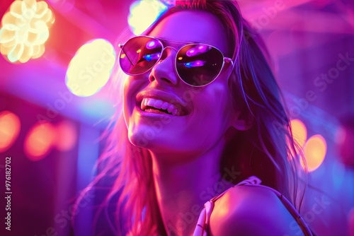 A woman is smiling and wearing sunglasses, generative ai image