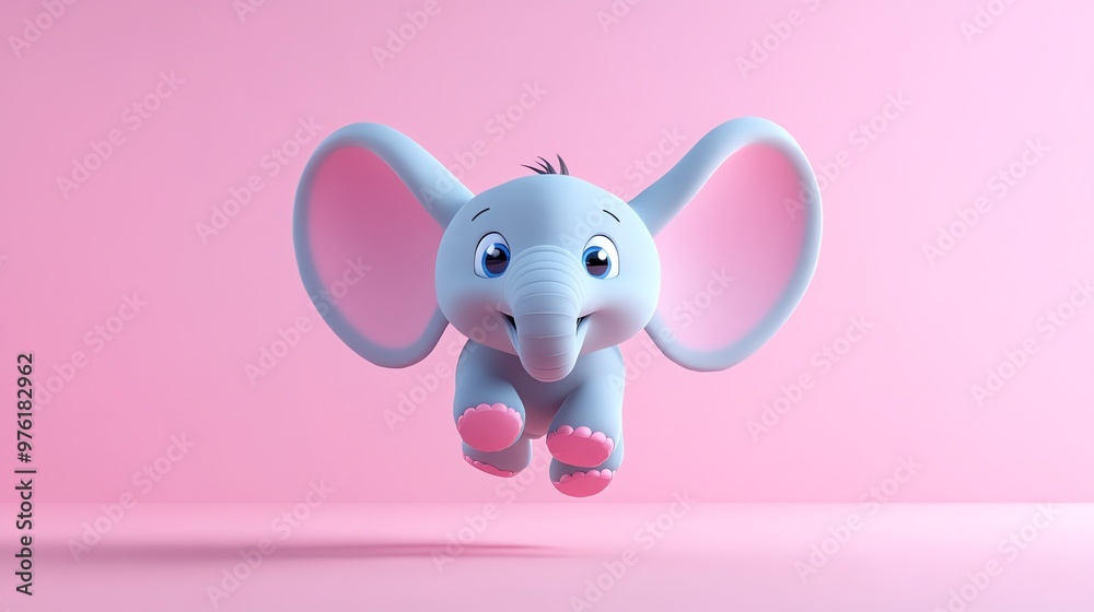 Naklejka premium A cute cartoon baby elephant jumps in the air against a pink background.