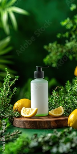 A refreshing cosmetic bottle surrounded by fresh lemons and greenery, showcasing natural beauty and wellness.