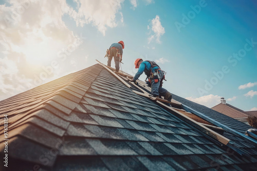 Two men repairing a roof against the backdrop of the sunset