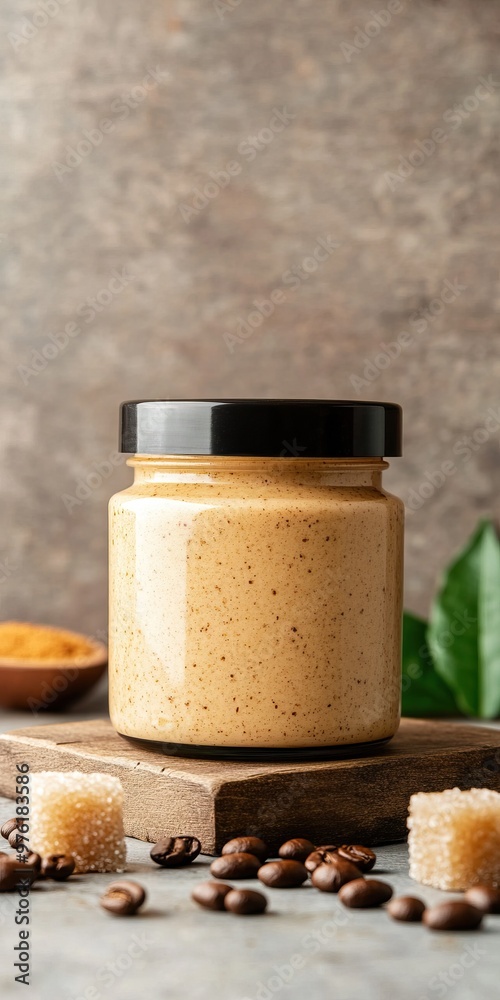 A stylish jar of creamy nut butter with a smooth texture, surrounded by coffee beans and sugar cubes on a rustic wooden surface. A stylish jar of creamy nut butter with a smooth texture, surrounded by coffee beans and sugar cubes on a rustic wooden surface.