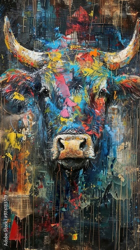 Abstract Colorful Bull Painting - Contemporary Animal Art