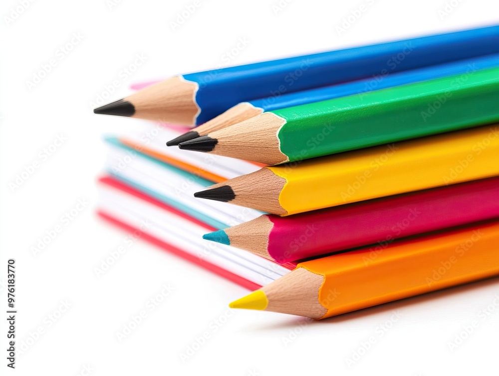 A vibrant arrangement of colored pencils stacked on top of each other, perfect for art supplies and creative projects. A vibrant arrangement of colored pencils stacked on top of each other, perfect for art supplies and creative projects.