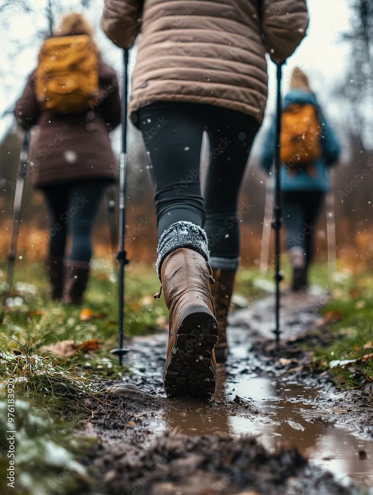 Hikers Trekking through Muddy Trails in Autumn Hikers Trekking through Muddy Trails in Autumn