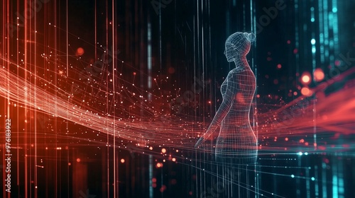 Silhouette Wireframe intelligenza artificiale AI in una rete di dati fluttuante, rappresentazione visiva del flusso di informazioni e connessione tra umanità e tecnologia avanzata. photo