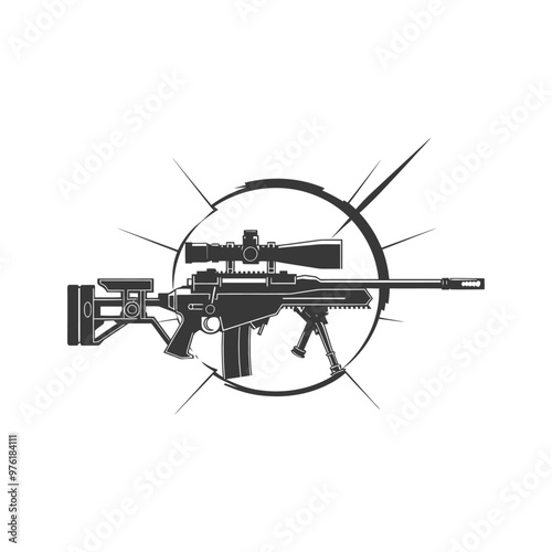 A Sniper Rifle with Scope and Bipod in a Circle Graphic