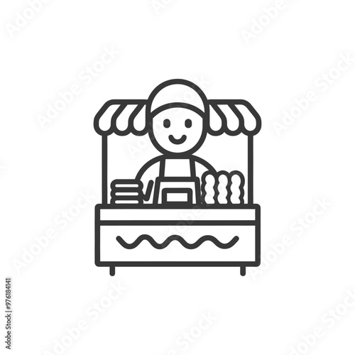 A smiling vendor standing behind a food stall