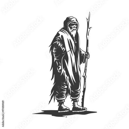 A solitary figure cloaked and holding a staff stands on a barren landscape