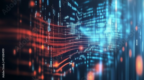  Un flusso di dati binari scorre attraverso uno spazio virtuale, rappresentando il flusso continuo di informazioni e la connessione digitale tra sistemi tecnologici. photo