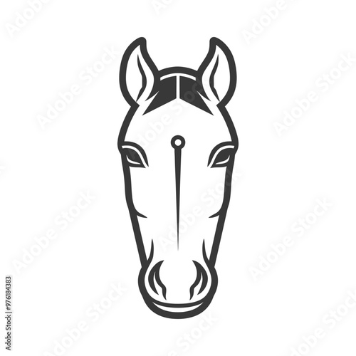 A stylized black and white drawing of a horses head