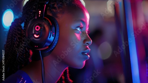 young african girl immersed in professional gaming wearing headphones and focused intently on an offscreen display she embodies the rising diversity in esports and competitive gaming photo