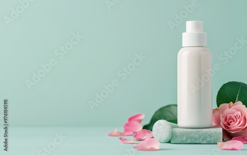Elegant bottle on a soft background with rose petals and leaves, perfect for beauty, skincare, or wellness products.