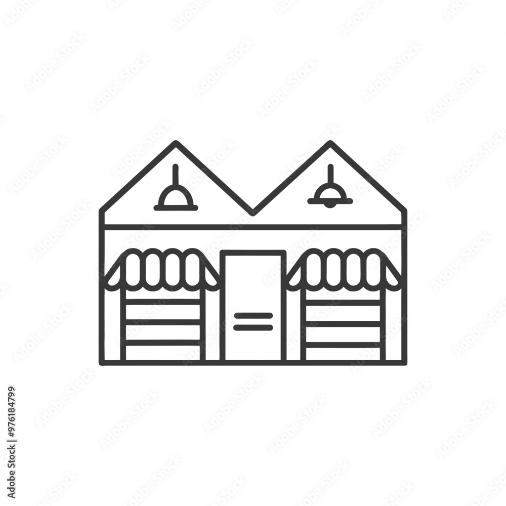 Line art illustration of a two storefront building with awnings Line art illustration of a two storefront building with awnings