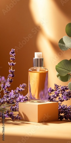 Elegant perfume bottle surrounded by lavender and greenery, showcasing luxury and natural beauty in soft lighting.