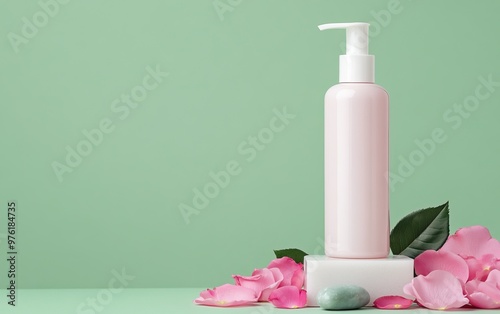 Elegant pink lotion bottle surrounded by rose petals on a fresh green background, perfect for skincare or beauty product promotions.