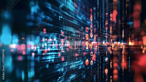 Flussi digitali in movimento connessi da una rete blu, verde e rossa che simboleggia l'innovazione e la complessità del mondo cibernetico e virtuale.