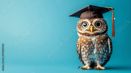 An owl wearing a graduation cap against a blue background. photo