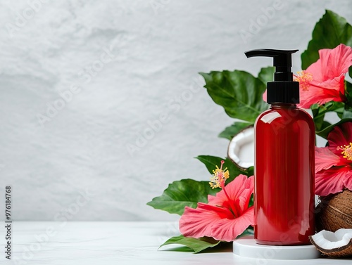 Elegant red bottle surrounded by tropical flowers, perfect for beauty, skincare, or cosmetic product promotions.