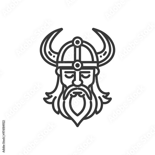 Line art illustration of a viking warriors head with horns
