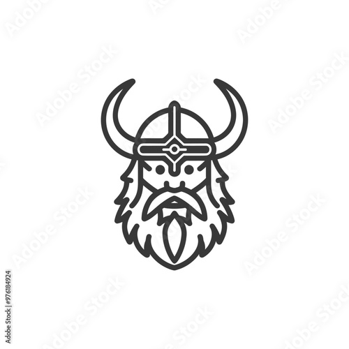 Line Art Illustration of a Viking Warriors Head with Horns and a Helmet