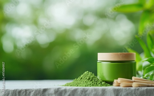 Natural green cosmetic jar with herbal powder on marble countertop, set against a blurred green background, perfect for skincare.
