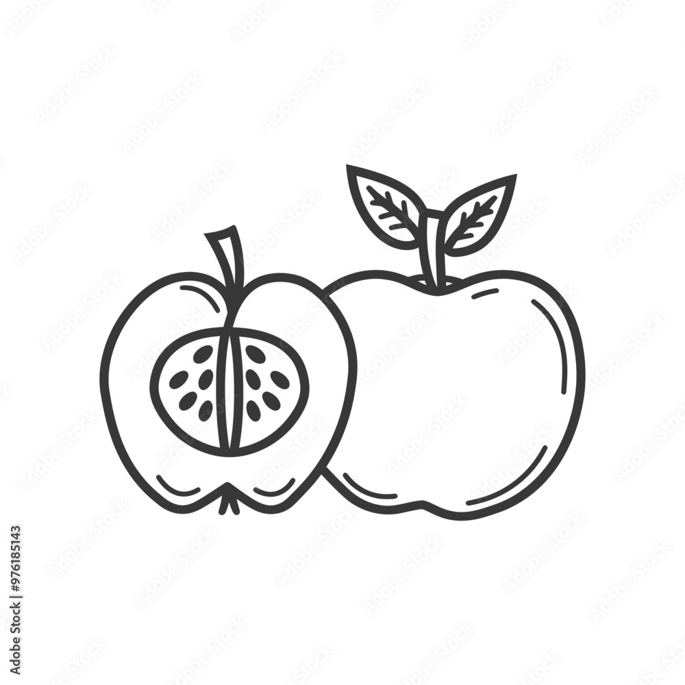Line Art Illustration of a Whole and Halved Apple Line Art Illustration of a Whole and Halved Apple