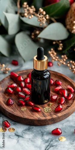 Stylish serum bottle surrounded by pomegranate seeds, perfect for skincare and beauty marketing.