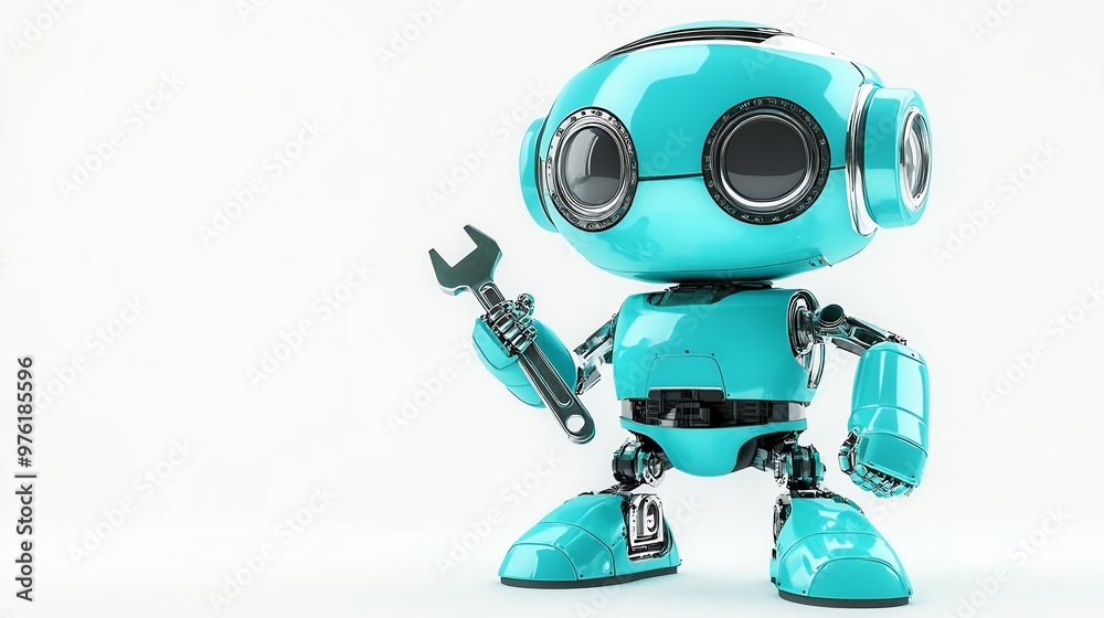 A cute, teal-colored robot holds a wrench. A cute, teal-colored robot holds a wrench.