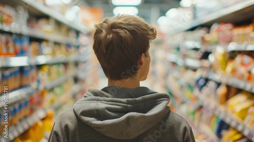 young man shopping in supermarket aisle rear view of customer browsing products