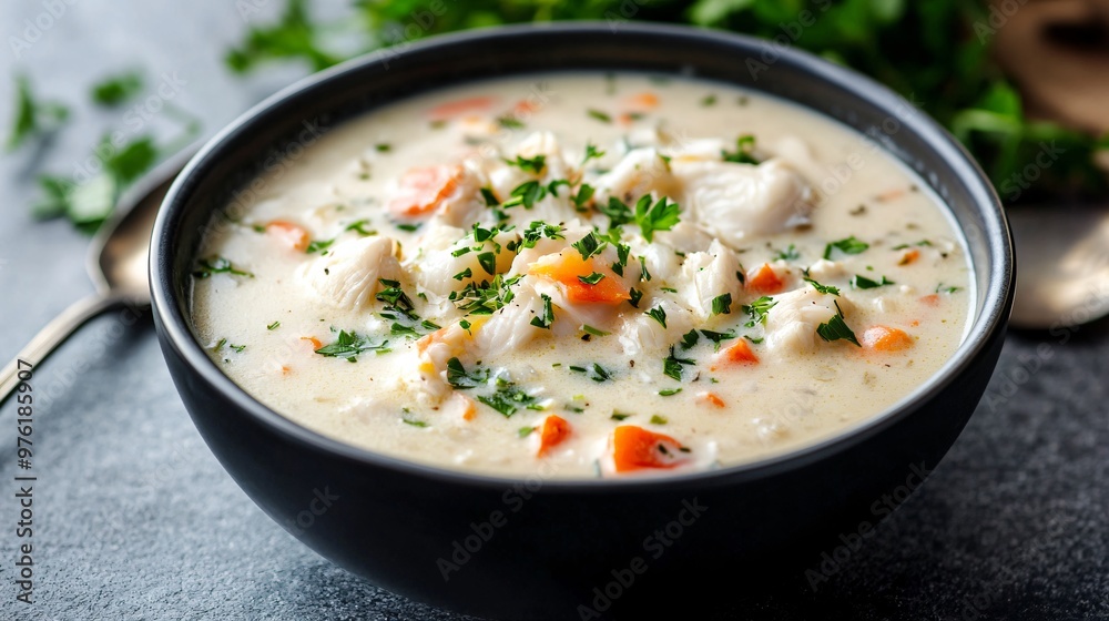 A bowl of creamy crab chowder with fresh herbs, resting on a stone countertop with a coastal cottage kitchen in the background A bowl of creamy crab chowder with fresh herbs, resting on a stone countertop with a coastal cottage kitchen in the background