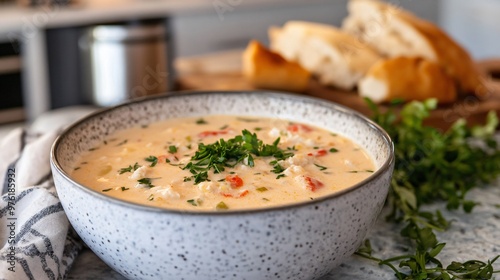 A bowl of creamy crab chowder with fresh herbs, resting on a stone countertop with a coastal cottage kitchen in the background