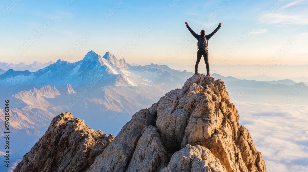 A climber stands triumphantly on a rugged mountain summit as the sun sets, casting a warm glow over the breathtaking landscape of distant peaks and valleys A climber stands triumphantly on a rugged mountain summit as the sun sets, casting a warm glow over the breathtaking landscape of distant peaks and valleys